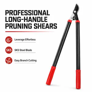 SK5 high carbon steel long-handled pruning shears, eagle-beak curved blade side-action large scissors, sharp and wear-resistant, 28.1-inch long lever arm for effortless operation, red non-slip rubber handle, orchard gardening tool