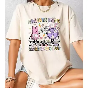 Women's Radiate Hope Radiation Oncology Bunny Graphic Tee | Easter Rad Tech Cotton T-Shirt | Comfort Oversized Retro Outfit | Easter Valentine's Day Gift for Her, CT/MRI Tech Fashion Shirt