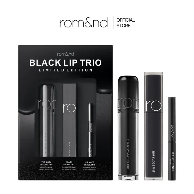 rom&nd BLACK LIP TRIO Cosmetic Set - Hydrating Liquid Lipstick & Gloss, Long-Lasting Color, Lip Care Makeup Products with bis-behenyl/isostearyl/phytosteryl dimer dilinoleyl dimer dilinoleate, bis-diglyceryl polyacyladipate-2 for Makeup Enthusiasts