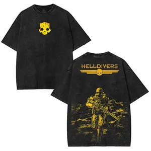 Helldivers 2 Streetwear Game Merch Gift For Fan, Oversize Unisex Double Printed Washed T-Shirt Menswear Fabric Oversized Seamless Tops