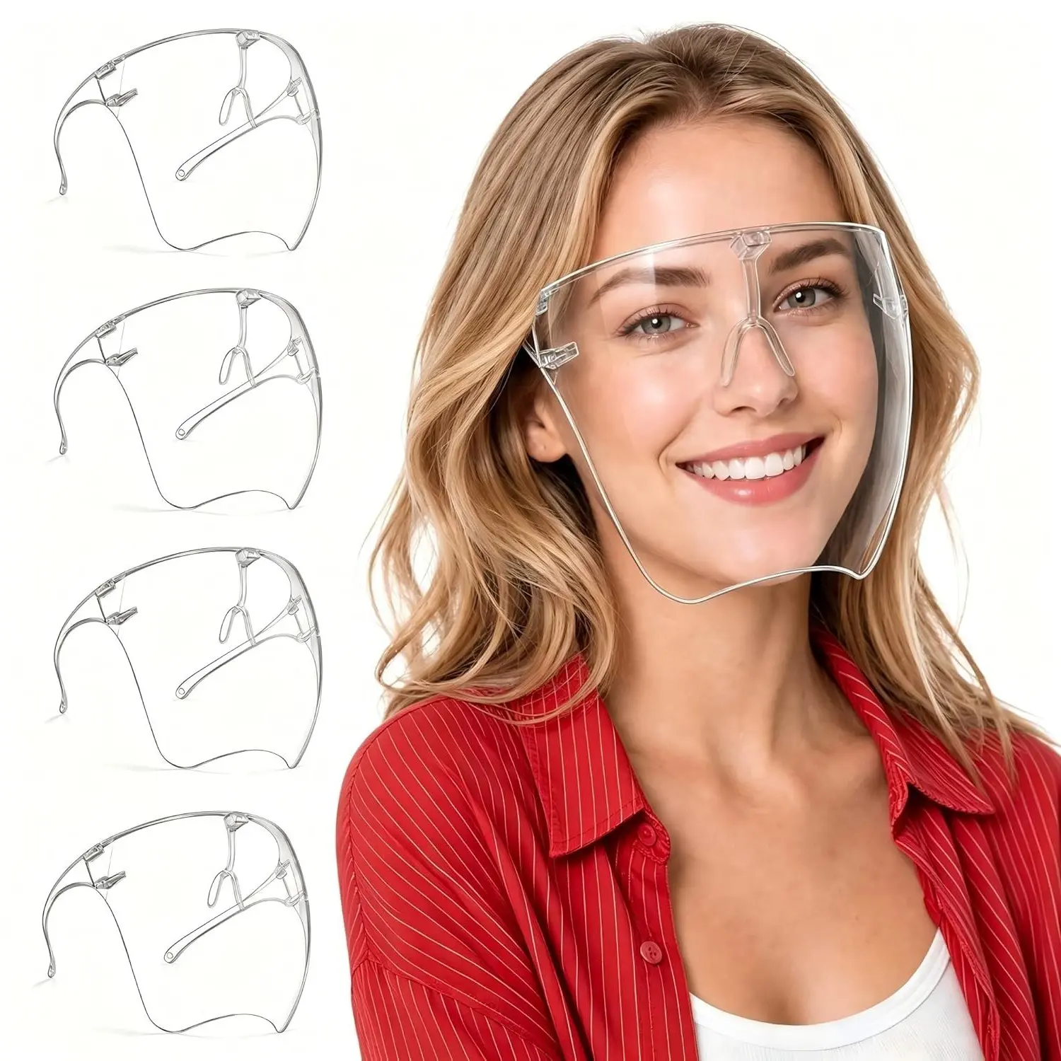 4 Pack Face Shield with Glasses, Anti-Fog Clear Full Face Protection Splash Guard, Reusable Breathable See-Through Plastic Safety Goggles for Work and Nail Art