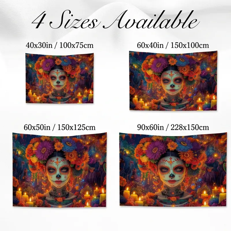 Floral Catrina Day of the Dead Tapestry, Colorful Sugar Skull Wall ...