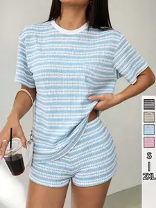 Women's Striped Short Sleeve Pajama Set, Knitted Loose Fit Colorblock Sleepwear, Casual Home, Y2K Style, All Seasons, Pjs, pyjamas for women, loungewear