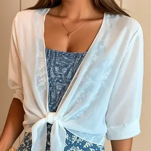 Women's Summer Solid Color Chiffon Cardigan, Half Sleeve Short Tie Knot Open Front Shrugs, Ultra Thin Lightweight Sheer Sunscreen Cover Ups for Dresses