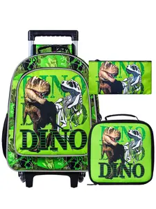 3PCS Rolling Camouflage Backpack for Boys, Kids Dinosaur Bookbag with Roller Wheels, Suitcase School Bag Set for Toddler Elementary, Funny Bag