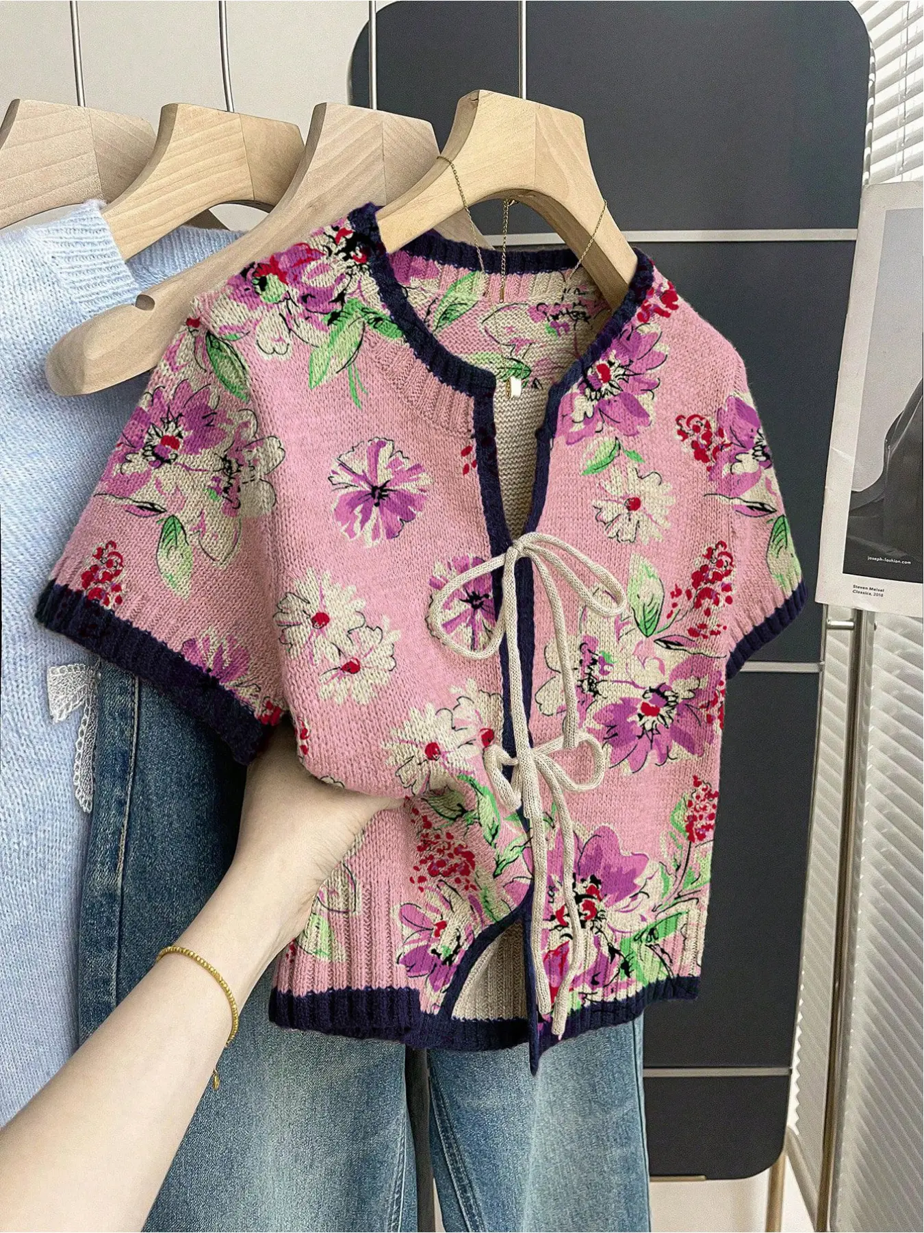 Women's khaki bohemian vacation short-sleeve knit top. Loose round neck, contrast patchwork floral print, front tie and contrast piping. Comfortable for spring & summer casual wear. Blouses Shirts Tops Casual Boho Soft Boho Clothing