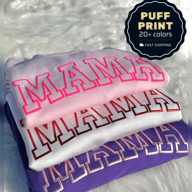 Trendy Glitter Mama Puff Sweatshirt, Happy Mother’s Day Gift, Embossed MAMA Shirt, 3D Puff Design Hoodie, Custom Kids Names on Sleeve Soft Womenswear, Heart Love Mum crewneck