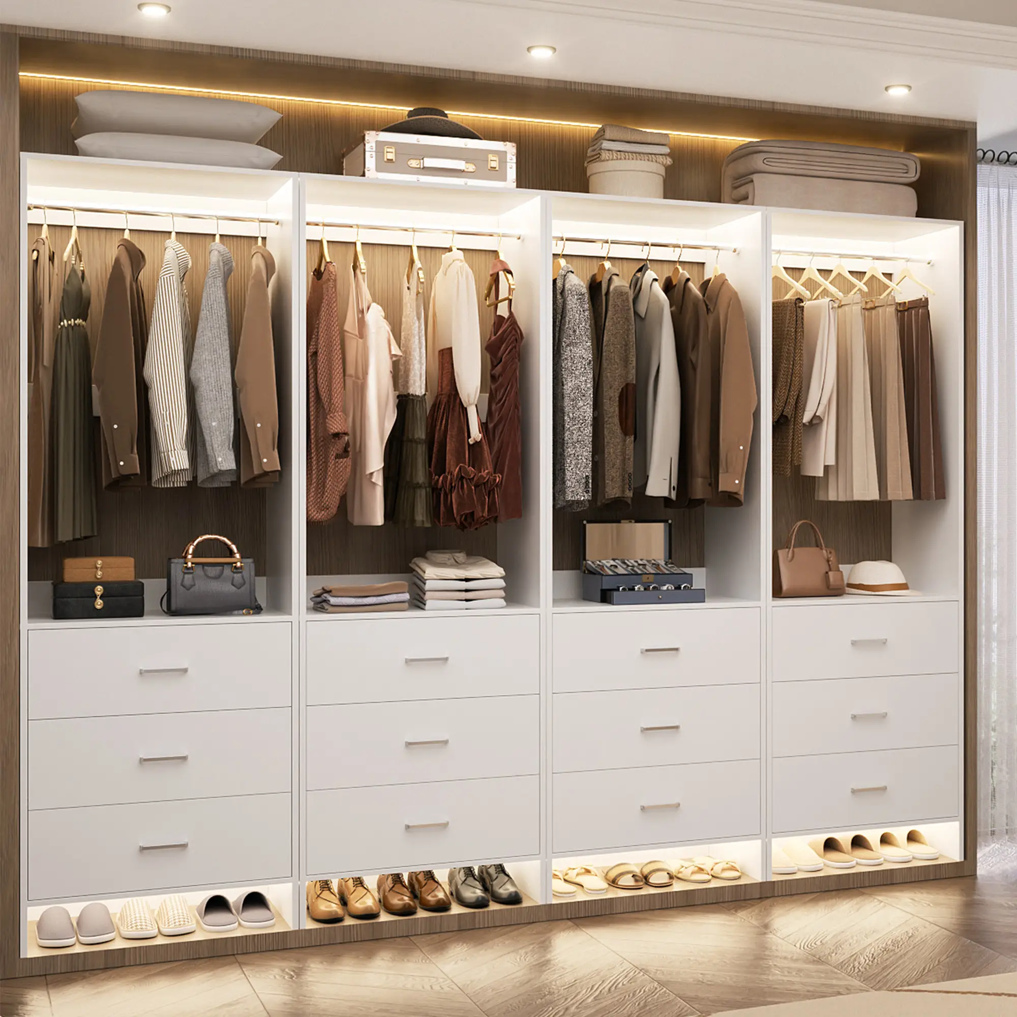 Freestanding Closet System with 3 Wooden Drawers and Hanging Rod, Closet Organizer Wardrobe for Walk-in and Reach-in Closet