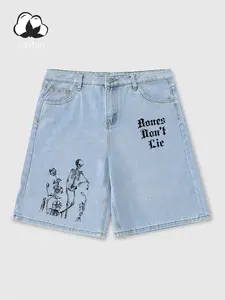 Men's Skull Letter Print Pocket Design Loose Casual Classic Denim Wash Shorts, Fitted Fall & Winter Fashion, Button Fly Closure, Graphic Pattern