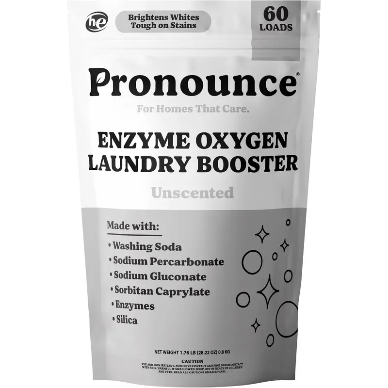 Pronounce Oxygen Laundry Booster with Enzymes - Brightens White & Tough on Stains, Fights Odor. Stain Remover with Cleaner Ingredients, Fragrance Free - Ultra Concentrated, HE & Standard Washers - 60 Loads (Unscented).