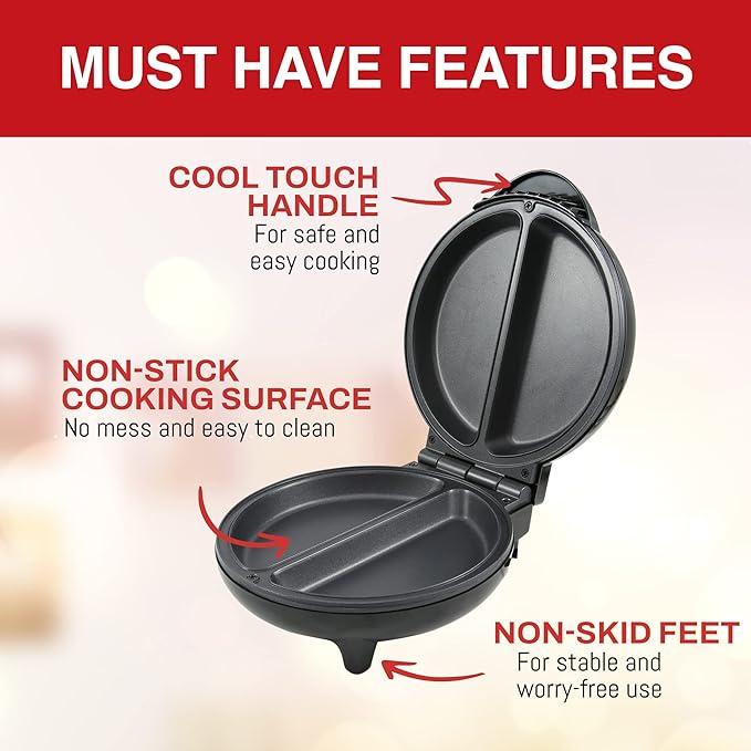 Non-Stick Omelet, Frittata, Snack Pocket Maker, Dessert Maker, 2 Individual 6.5" Omelets, Stainless Steel and Black