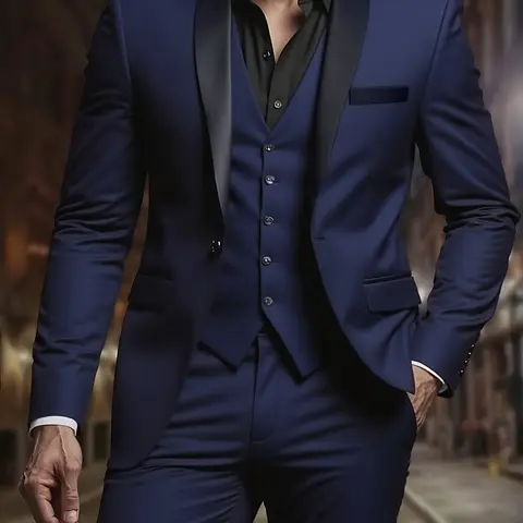 3 pcs Men's Elegant Suit, Slim Fit Tuxedo Set, Suit Sets for Weddings & Formal Occasions, Long Sleeve Black Suit with White Shirt & Pants, Perfect for Office Meetings and Events, Business Attire Clothes, Durable Formal Wear