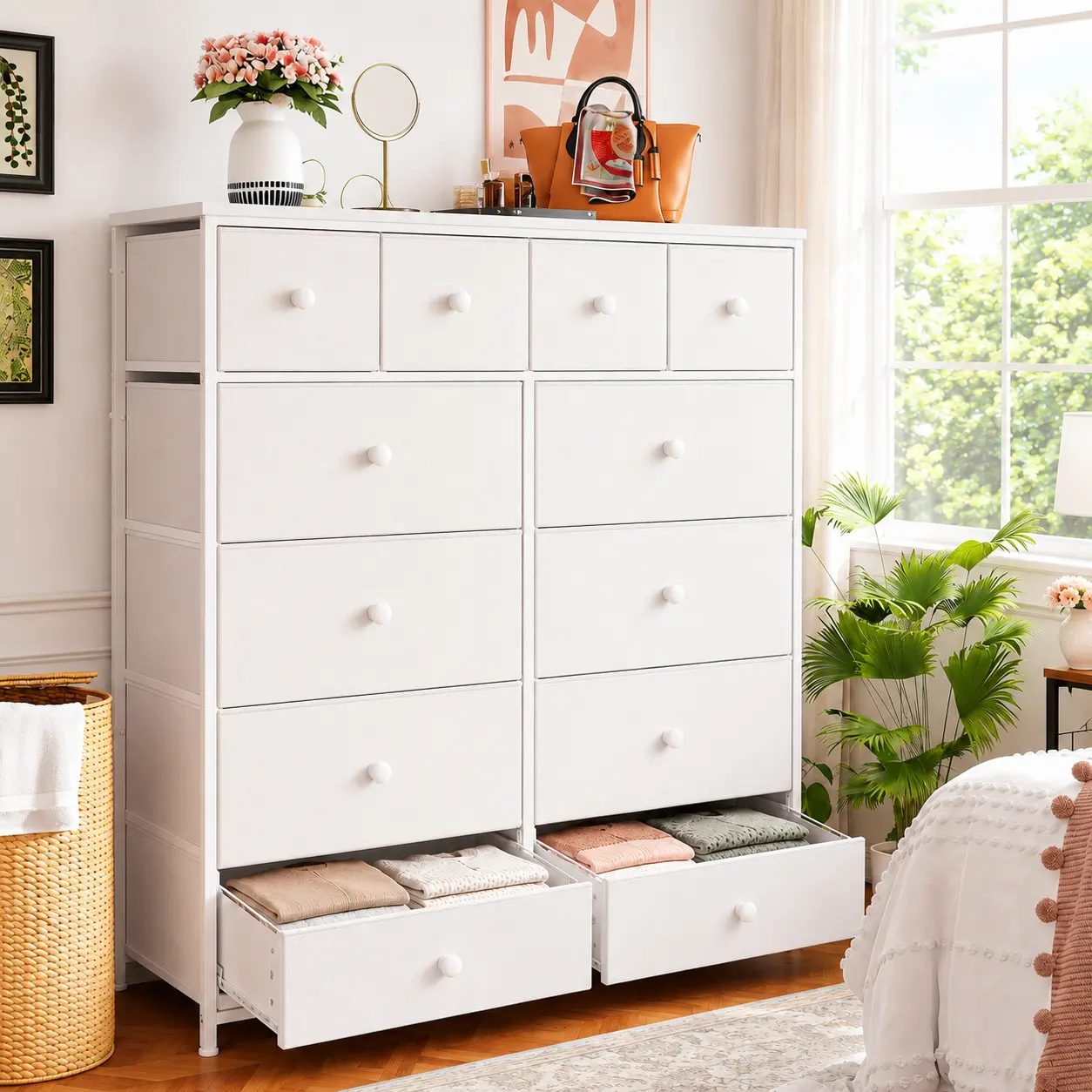 【HomeDecor】Raybee 12 Drawer Fabric Dresser, 40" Tall Storage Chest of Drawers with Wide 18" Drawers, Cute Bedroom Dresser Tower Under Window, Aesthetic Makeup Vanity Organizer Unit for Living Room, Dorm, Entryway, Leggings, Activewear, Cosmetics, Skincare