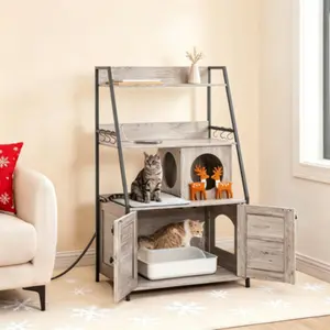 Hidden Litter Box Enclosure with 2 Storage Shelves, Tall Litter Box Furniture with Built-in Charging Station, Indoor Concealed Cat Litter Furniture Complete with Plush Mat, Greige Color
