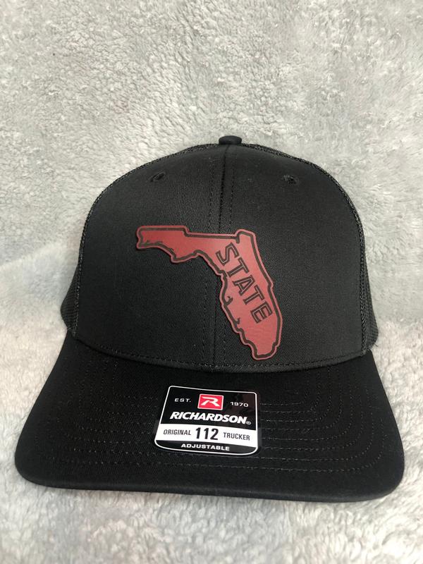 State of Florida/ Florida State 112  Richardson Trucker Hat w/ Leatherette Patch- Florida Hats/ Black Hat-Florida Seminoles