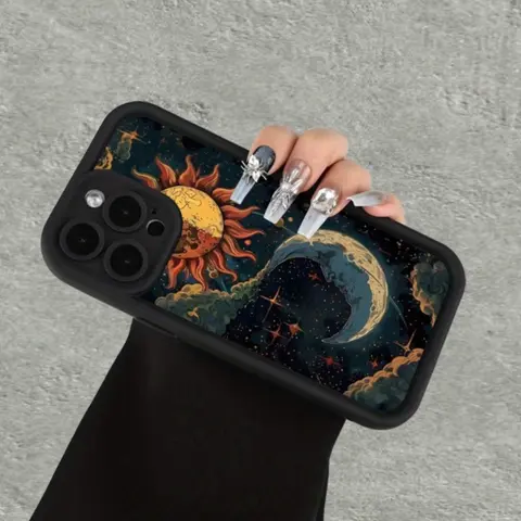Retro Sun and Moon Pattern Smartphone Casing for iPhone 17,16,15,14 Pro Max,13,12,11,Air,XR,XS Plus - Shockproof, Full Camera Protection, Durable Slim Silicone Cover, Cellphone Handheld Accessories