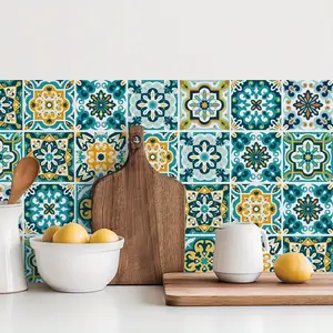 30 Pieces Bohemian Style Colorful Tile Wall Stickers Living Room Background Wall Decor Moroccan Pattern Self-Adhesive Wallpaper 4x4inch Kitchen Bathroom Oil-Proof Tile Stickers Kitchen Wall Renovation Stickers