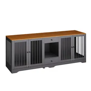 Multi-Functional 83'' Wooden Dog Crate Furniture for Medium & Large Dogs, Indoor Kennel with 4 Doors, 2 Drawers & Secure Locks, Decorative Stylish White Dog Cage for Living Room