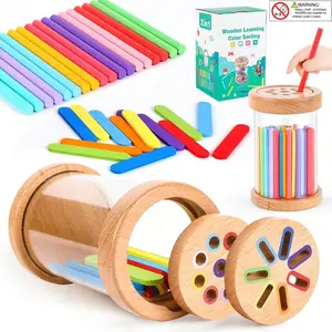 Wooden Montessori Color Sorting Toys for Toddler ,2 in 1 Sticks&Flat Sticks Color Mathing Preschool Learning Activities, Fine Motor Skills Sensory Toys for Toddlers