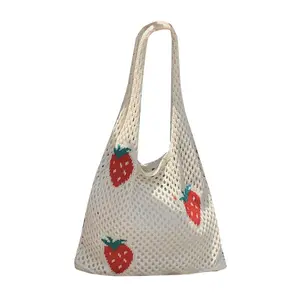 Women's Floral Single-Shoulder Bag — Large-Capacity Commuter Tote, Knitted & Woven Strawberry-Patterned Openwork Design