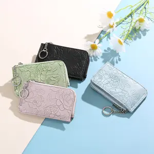 Slim Zipper Wallet for Women, Embossed Credit Card Holder with Key Ring, Large Capacity Mini Coin Purse, Compact Multi Card Organizer for Travel Everyday Use