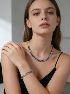 2 Piece Cuban Chain Set, Stainless Steel Necklace Bracelet, Unisex Punk Jewelry, Y2K Street Style, Festival, Waterproof Gift