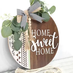 Home Sweet Home 2D Farmhouse Welcome Sign, Round Wooden Hanging Door Decor with Bow and Artificial, Rustic Porch Wreath for Holidays