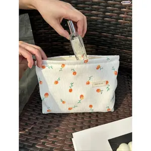 Corduroy Makeup Bag for Women, Cute Floral Zipper Cosmetic Pouch, Aesthetic Beauty Organizer for Skincare, Lip Balm, Travel Essentials, Daily Storage Bag