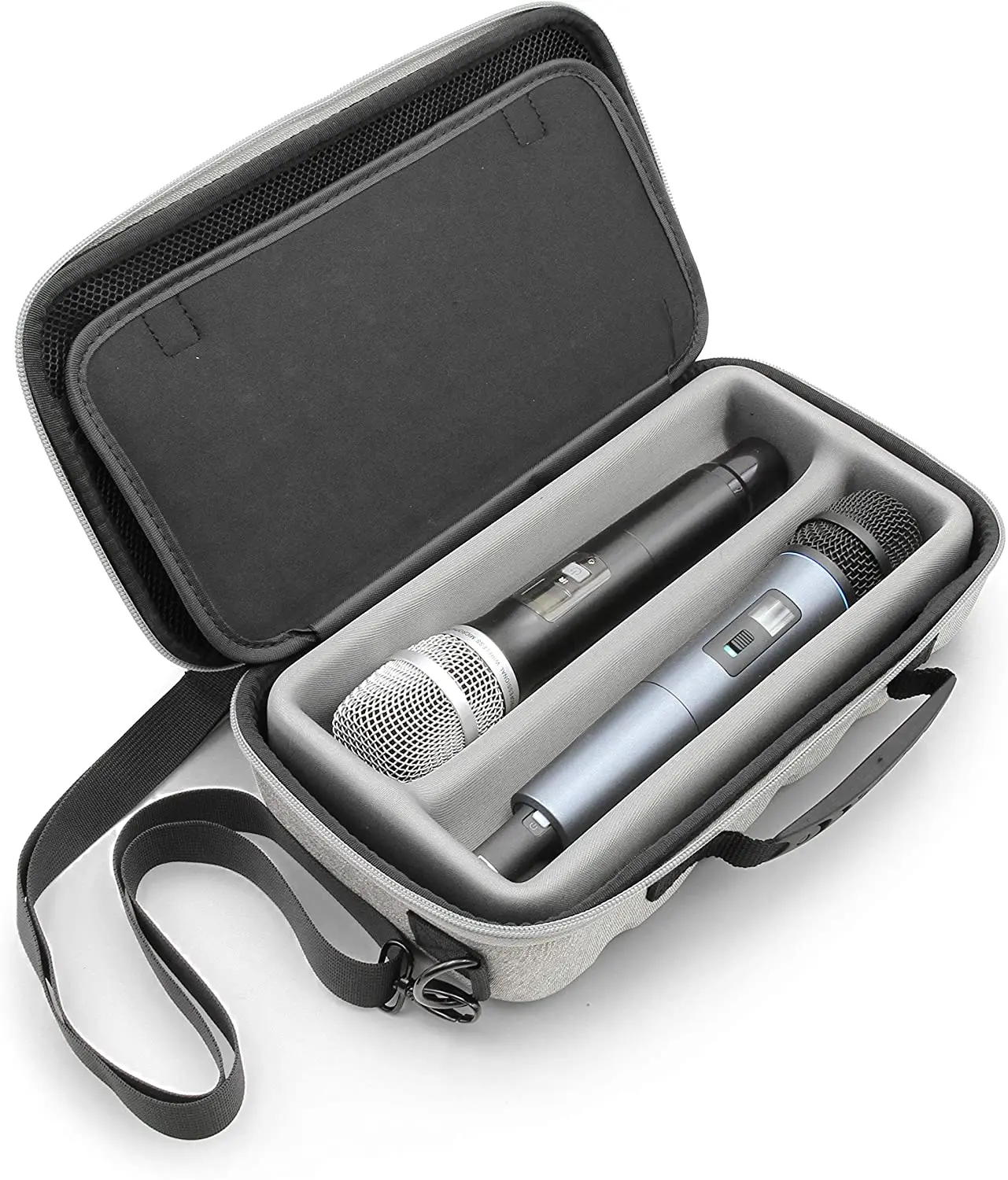CASEMATIX Dual Wireless Microphone Case for Sennheiser Shure Microphones Compatible with Professional Audio Brands - Travel Optimized Hard Shell EVA Exterior with Adjustable Strap and Zippered Accessory Compartment