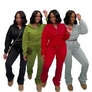 Women's Two-piece Zipper Half Collar Waist Cinched Fleece Sweatshirt Tied Rope Pants Set 2025 Autumn Slim Fit Tracksuit Set Crop Tops Flare Pants Set Fit  Tracksuit Set Drawstring Flare  Set Lounge Set with Flare Leggings Lounge Set with Bell Bottoms
