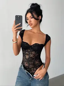 Women's Fashion Elegance Lace Floral Texture Knit Square Neck Slim Fit Backless Romper, Casual Short Sleeve, Perfect for Dates and Parties Womenswear Piece