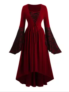Women's Gothic Retro Punk Sexy Bodycon Lace Patchwork European Vintage Dress, Halloween Long Dress, Elegant and Stylish, Womenswear