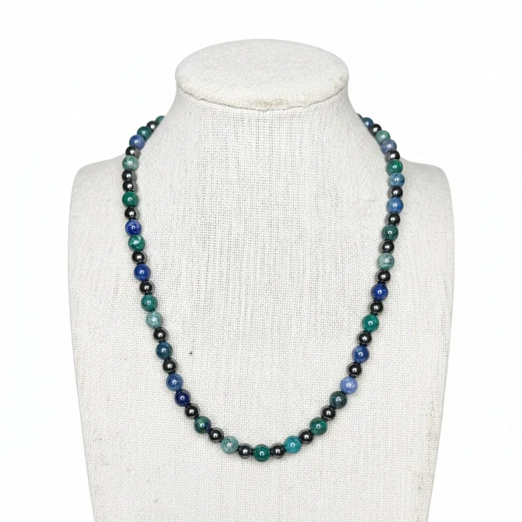 Azurite + Hematite Beaded Stretch Necklace | Insight Intuition Clarity, Healing Crystal Jewelry, Gift for Her