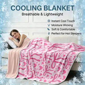 Bowknot Heart Print Double-layer Cooling Blanket, Ultra-soft Cool Summer Cooling Blanket, Comfortable Lightweight Breathable Skin-friendly Physical Cooling Blanket for Bom Sofa, Air Conditioning Blanket, Bed Blanket