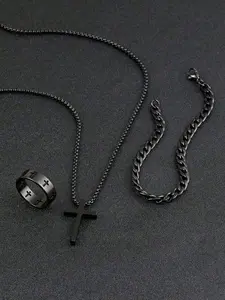 3pcs Teen Fashion Multi-Functional Stainless Steel Jewelry Set, Cross Necklace Bracelet Ring, Perfect Gift Jewelry for Teens