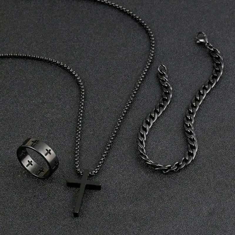3pcs Teen Fashion Multi-Functional Stainless Steel Jewelry Accessories Set, Trendy Jewelry Set, Cross Necklace Bracelet Ring, Perfect Gift, Jewellery Gift Set, Jewelry for Teens