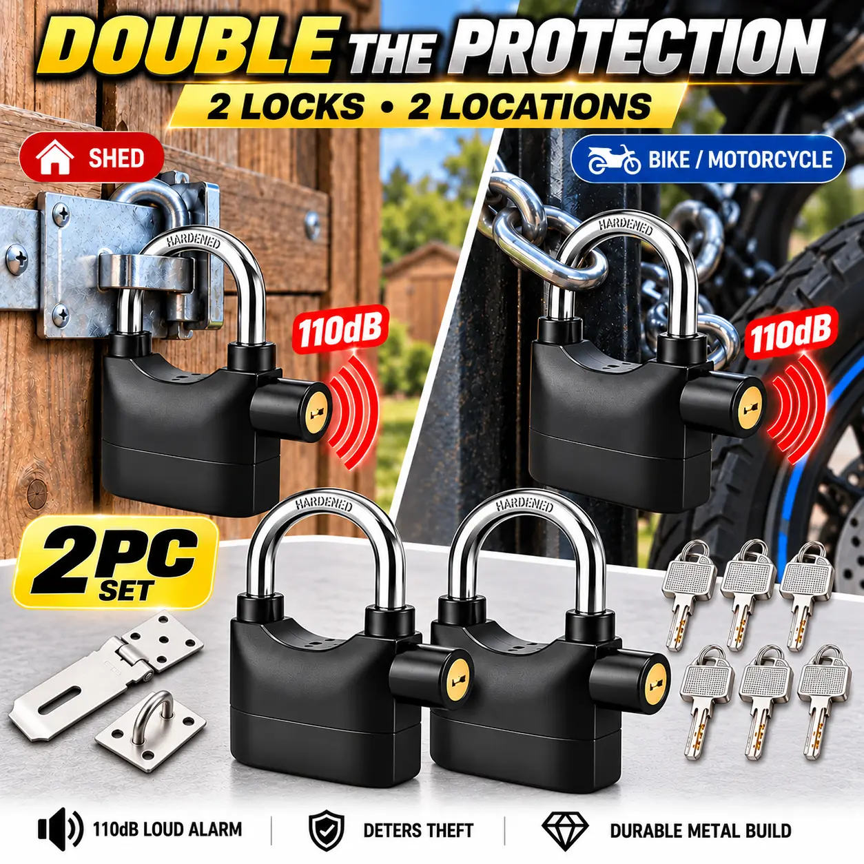2/1PCS Optional, 110dB Vibration Anti-Theft Alarm Padlock, Dual Working Modes SecurityLock, Anti-Pry Lock For Motorcycle, Gate, Shed, Warehouse, Toolbox, Security PadlockWithKeys, Anti-Cut Lock For Indoor & Outdoor Use, Match With Lock Buckle