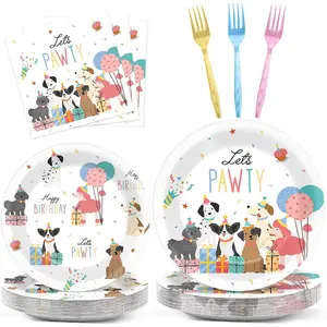 96Pcs Pet Dog Birthday Party Decorations Retro Puppy Themed Tableware Let's Pawty Paper Plates Napkins Forks Vintage Puppy Face Dinnerware Party Supplies for Kids Baby Shower Birthday Serves 24 Guests
