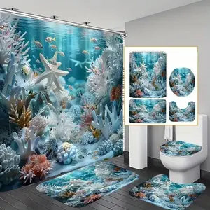 4pcs Set Blue Ocean Starfish Bathroom Set Shower Curtain Bath Mat Toilet Lid Cover U Shaped Rug Waterproof Quick Dry Bathroom Decor Set Marine Sea Theme Print Soft Durable Fabric Coastal Style Home Bathroom Accessories Fresh Relaxing Beach Decor