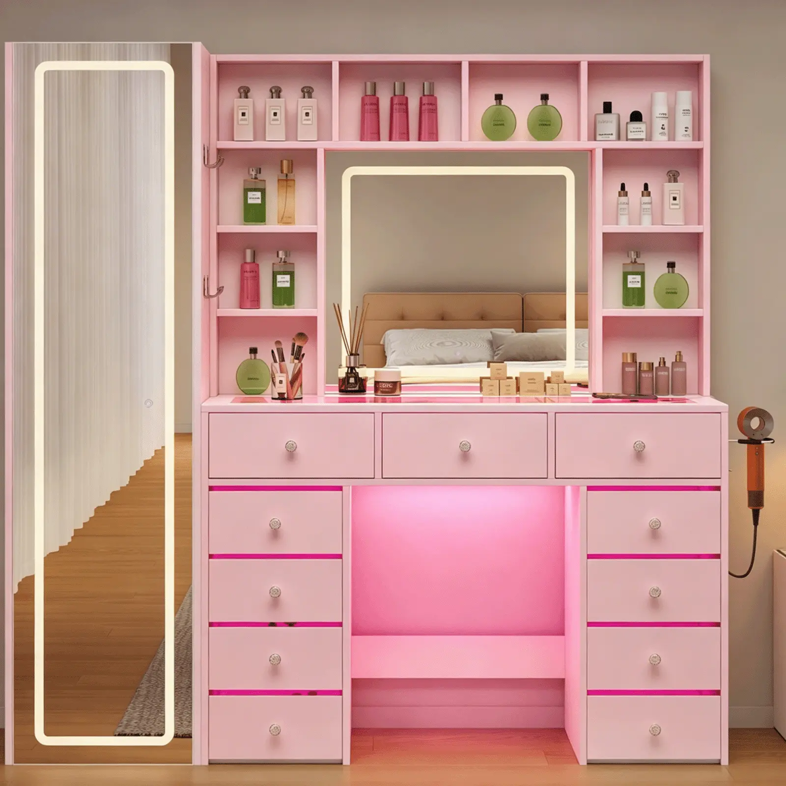 Full Length Mirror Vanity Desk and Lights , Transparent Top with 11 RGB  Drawers, 10 Shelves, Full-length mirror with storage shelf, Make Up Vanity  with Charging Station Woman, White summergarden - TikTok Shop