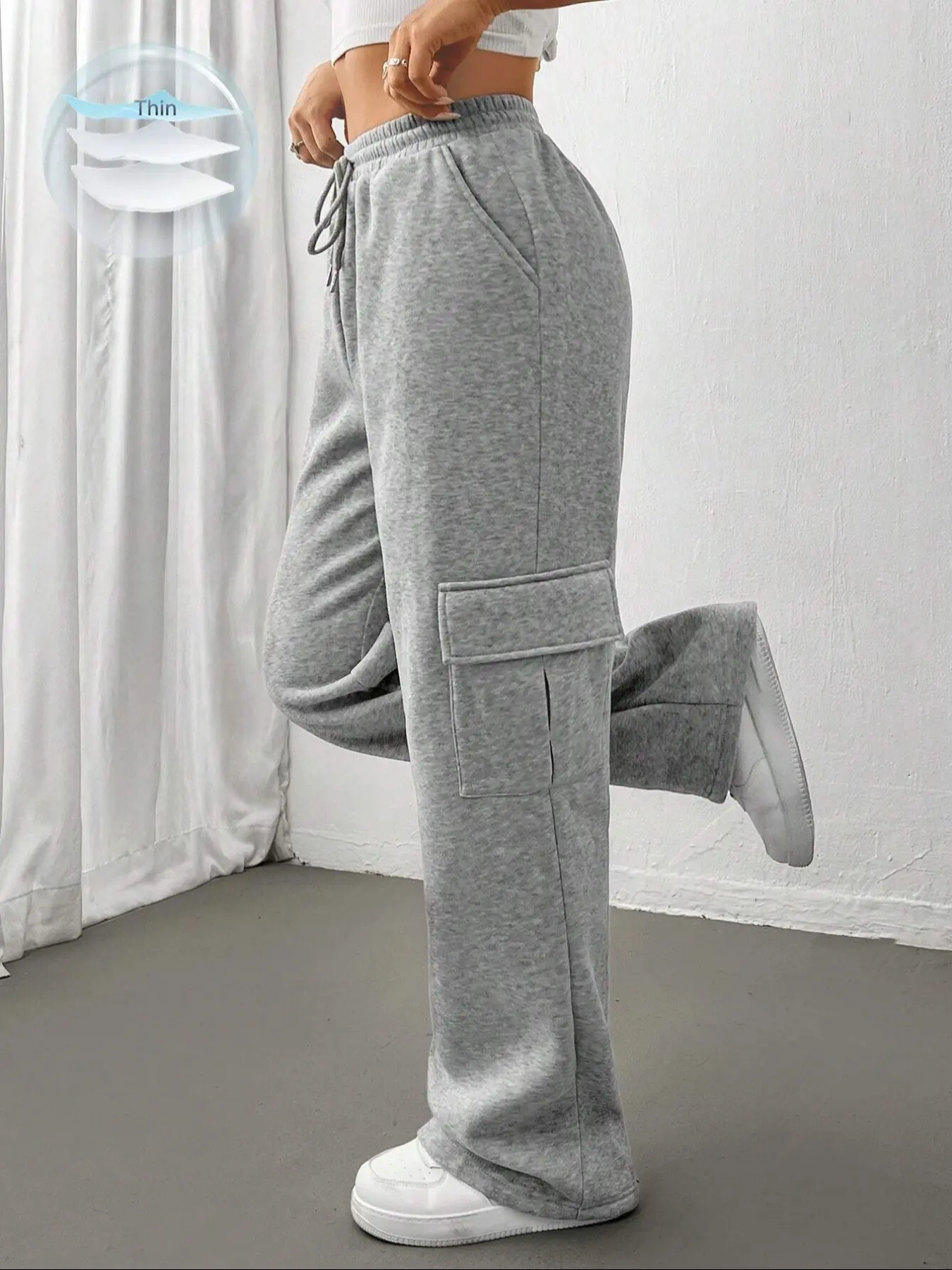 Workwear Pants, Unique Adjustable Drawstring High Waist Wide Leg, Large Pockets Basic Casual Slim Fit, American Cool Street Style Sportswear, Loose, Baggy, Women, Womenswear