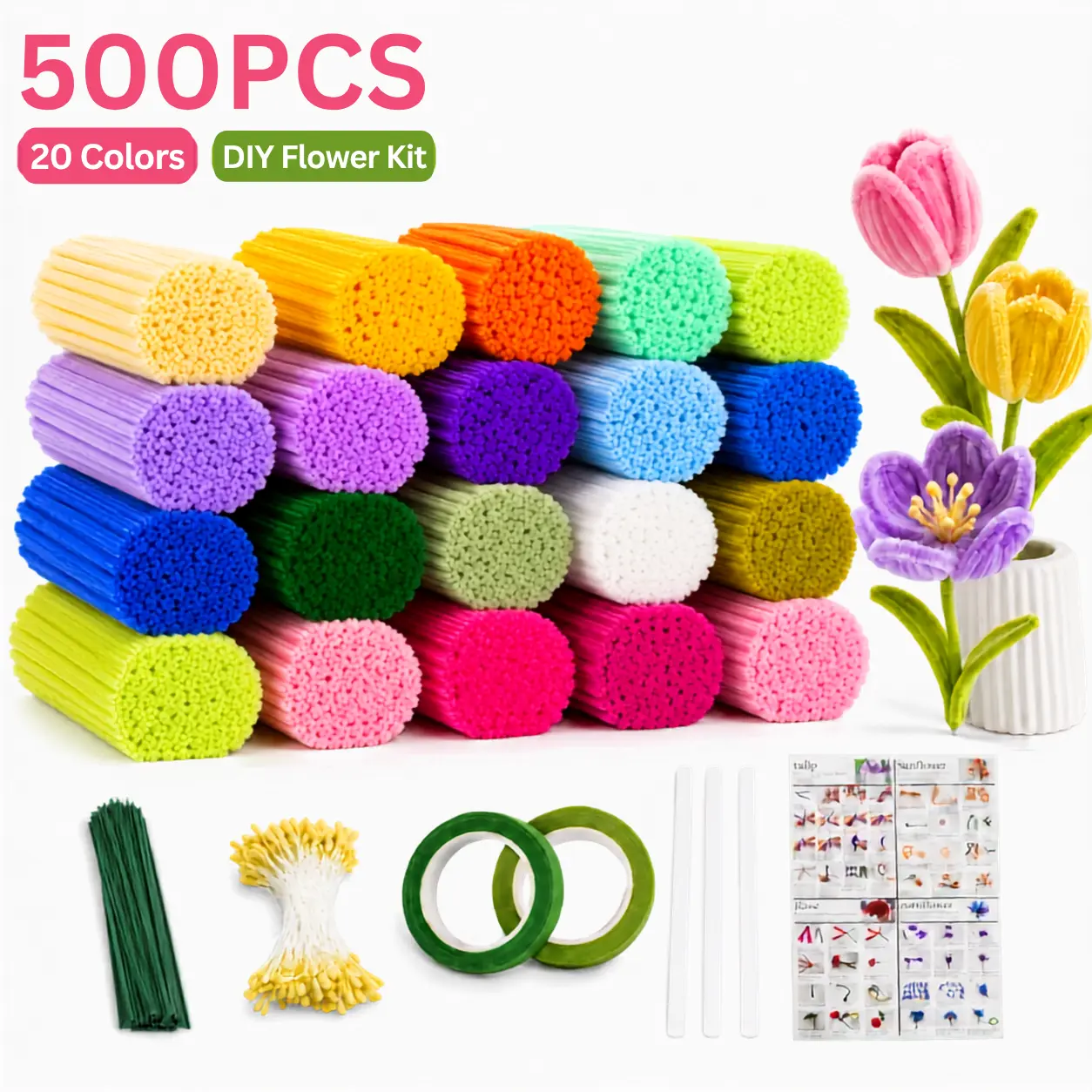 500PCS 20-Color Chenille Stem Pipe Cleaner DIY Fake Flower Craft Kit with Floral Tape, Wire, Stems & Glue - Craft Supplies for Adults, Decor for DIY Bouquet Arrangement, Decoration Bouquet Projects
