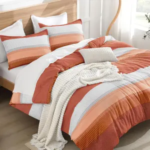 Burnt Orange Comforter Sets for Queen, 3 Boho Terracotta Stripe Colorblock Comforter, Rust Fluffy (90x90In Comforter, 2 Pillowcases)