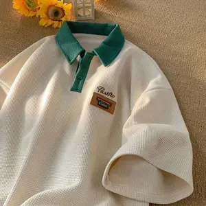 Men's Retro Polo Shirt | Loose Fit Heavy Cotton Tee | Casual Short Sleeve Top | Comfortable Vintage Style Half Sleeve