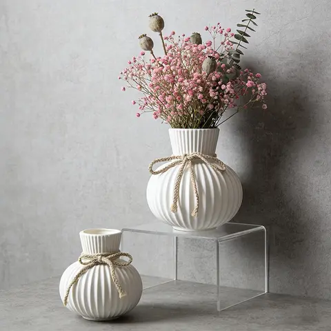 1PC/2PC Cream White Ribbed Vase with Jute Bow, Ceramic-Look Plastic Vase, Unbreakable Farmhouse Decor for Table Centerpiece, Boho Home Decor, Ins Style Faux Flower Vase, Single Vase, Vases for Centerpieces