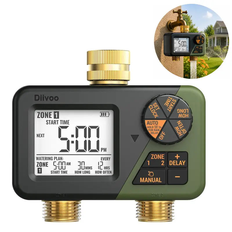 Diivoo Brass 2-Zone Sprinkler Timer, IP67 Waterproof Programmable Water Hose Timer with 2 Outlets, Large Display, Rain Delay, Manual Mode, Simple Start Time Setup, Batteries for Outdoor Automated Irrigation Watering Equipment (Garden, Lawn)