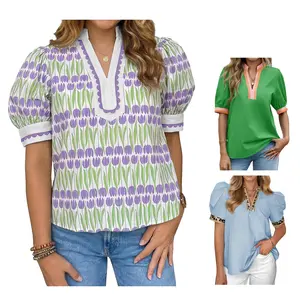 Tankaneo Women's Puff Sleeve  Blouse Tops Summer Dressy Casual V-Neck Shirts Color Block Loose Fit Tees