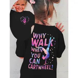 Colorful Motivational Cartwheel T-Shirt for Girls - 'WHY WALK WHEN YOU CAN CARTWHEEL!' Graphic Tee with Stars and Sparkles, Fun and Playful Design, Perfect for Gymnastics Enthusiasts, Great for Everyday Wear, Summer Activities, or Gift Ideas for Young Gir
