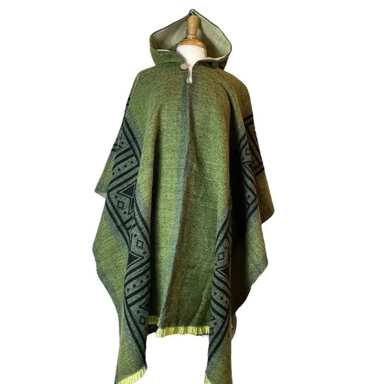 Mens Alpaca Wool Poncho Hoodie | Hooded Cape | Warm Poncho | Hippie Poncho | Poncho Women | Green Black | Mother's Day Gift