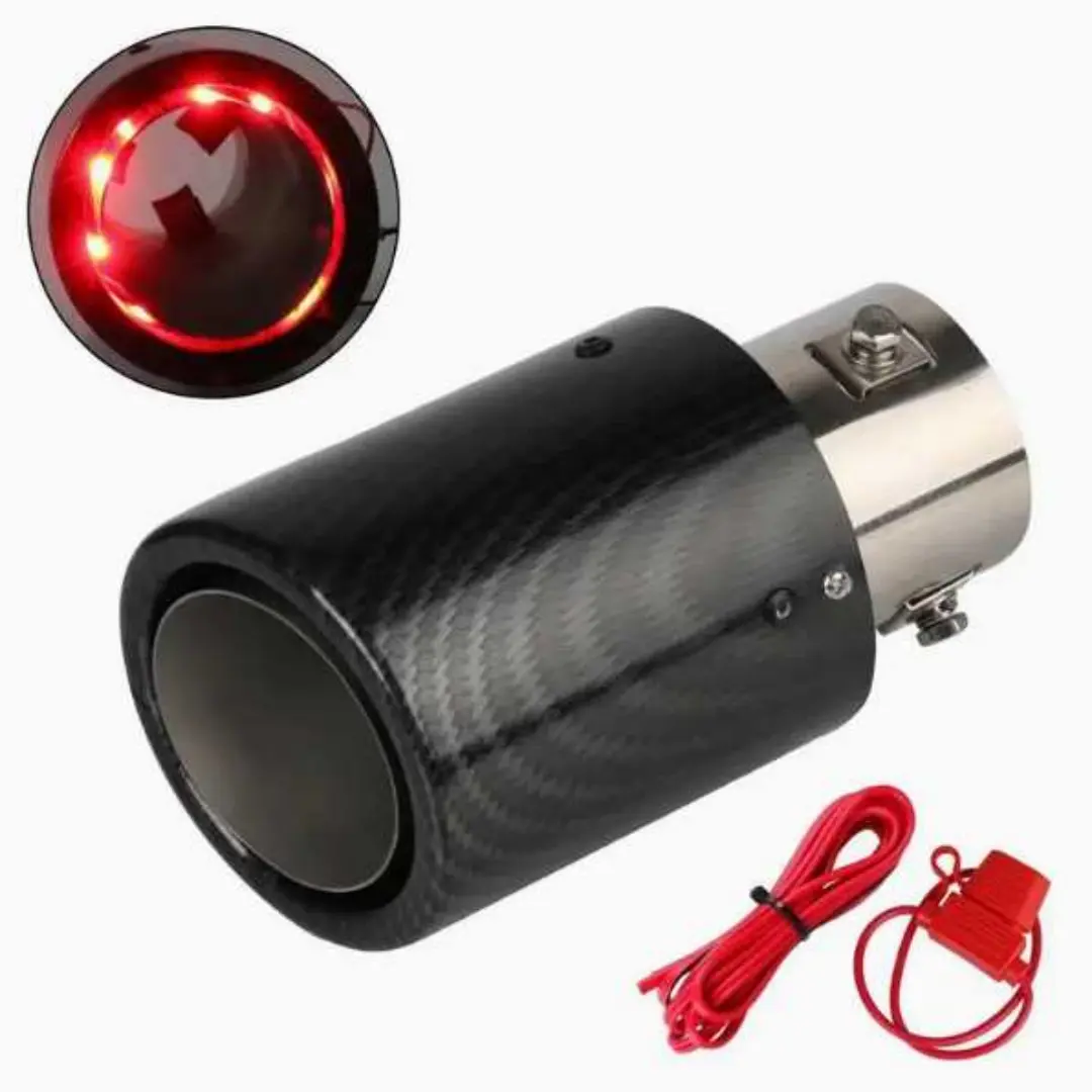 Car Straight Outlet Exhaust Muffler Tip, Carbon Fiber Stainless Steel Exhaust Tip with Blue LED Ring Light, Quick Bolt Installation for Automotive Exterior Refit Project